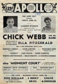 Reklama na koncert Webbova big bandu s Ellou Fitzgerald v newyorském Appolo Theatre v dubnu 1937