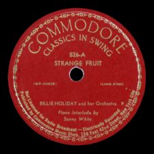 Etiketa prvního vydání šelakové desky s písní Strange Fruit (1939, Commodore Records)