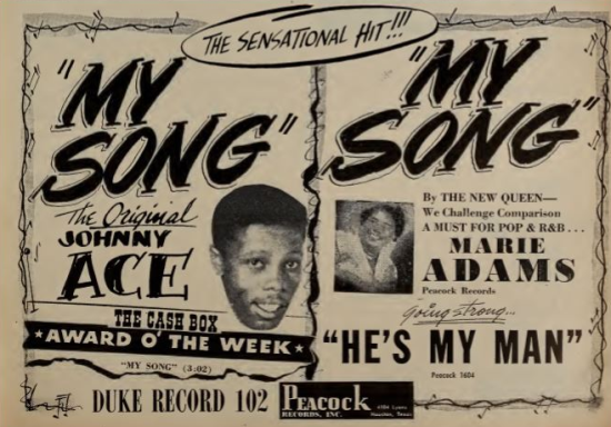 Zpěváci Johnny Ace a Marie Adams v reklamě z časopisu Cash Box na jejich hity My Box a He's My Man, listopad 1952