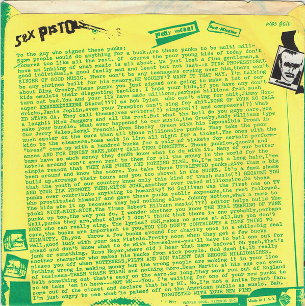 Zadní strana obalu amerického singlu Sex Pistols "Pretty Vacant" / "Sub • Mission" s přetištěným dopisem rozhořčeného amerického občana